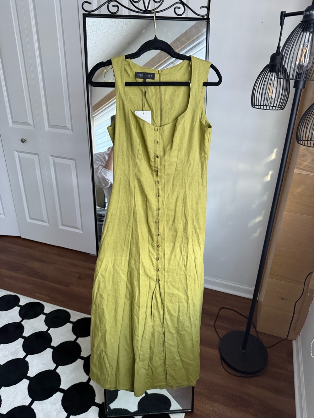 Linen-Blend Sleeveless Button-Front Dress in Olive Green